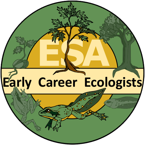 Official logo of the early career ecologists has a circle shape with a green outer band and a yellow-orange inner band. A frog, eel and trees are featured.