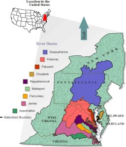 The Chesapeake Bay watershed and major river basins. Credit, US Geological Survey.