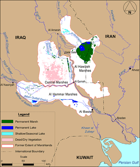 The Mesopotamian Marshes in 2000 were mere remnants of their former glory, after a decade of deliberate drainage. The white area shows the extent of the marshes in 1973. <em>Credit, <a href="http://www.grid.unep.ch/activities/sustainable/tigris/2003_march.php" target="_blank">United Nations Environmental Programme</a></em>.