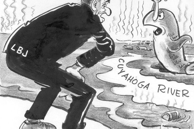 Roberts - editorial cartoon "Help" -- cuyahoga river polution, 1969