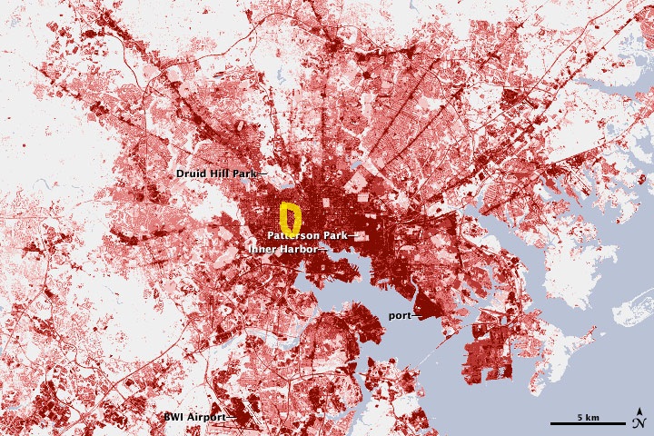 baltimore urban density. landsat image with aproximate location of ws263