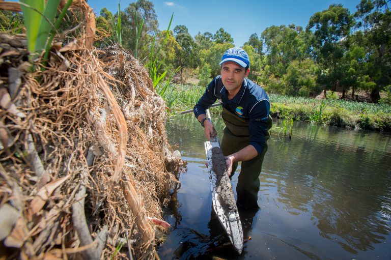Peter Macreadie displays a soil core from an Australian wetland in 2017. Credit, Simon Fox/Deakin University.