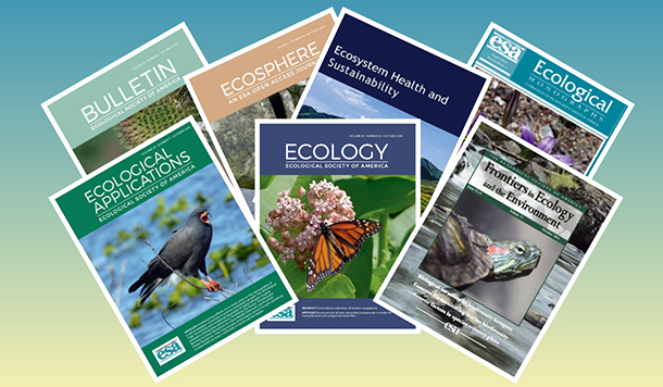 A group of ESA publications in a fan displaying journal covers from 2016.