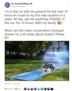 Tweet which reads: I’m in the car with my parents for the next 10 hours en route to my first real vacation in 2 years. All day, ask me anything! (PLEASE. In the car. For 10 hours. With my family 😂) What can this shark conservation biologist answer for y’all today about sharks? Please RT! Tweet is accompanied by a GIF of a slip-n-slide with an inflatable, fake shark's mouth open wide at one end.