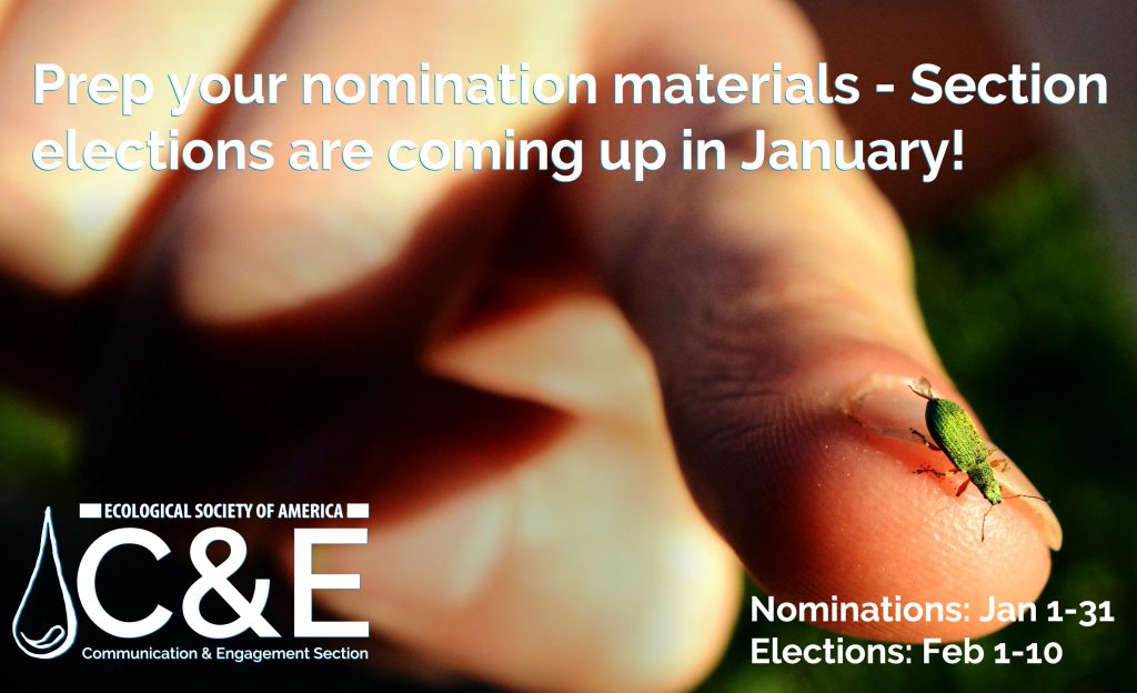 Close-up of a hand, with index finger pointing to camera. On that fingernail perches a small green insect. Text reads: Prep your nomination materials - Section elections are coming up in January. Nominations: Jan 1-31. Elections: Feb 1-10.