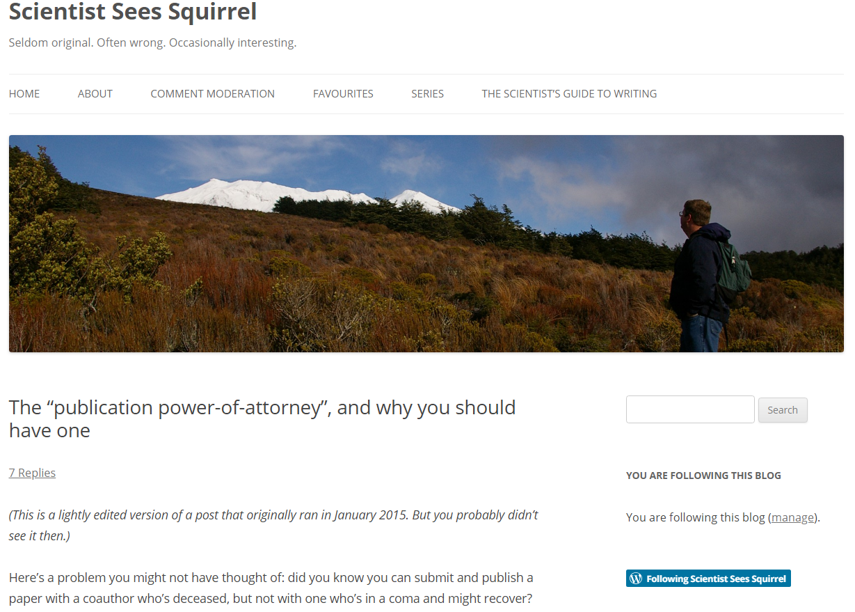 Screenshot of "Scientist Sees Squirrel" website, which includes site title, tagline "Seldom original. Often wrong. Occasionally interesting." as well as a banner image of the author (from the back/left) looking out into a scene of hills, trees, and a snow-covered mountain.