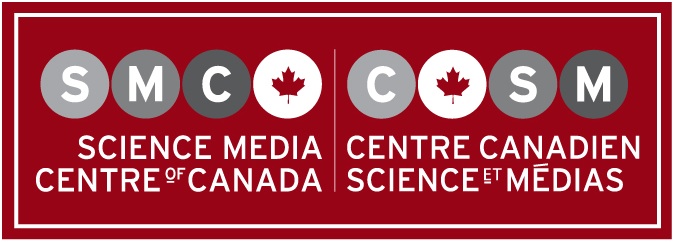 Science Media Centre of Canada logo - a red rectangle inside of which is a thin white rectangular line. Inside that, another red rectangle features the letters SMC in circles, followed by a fourth circle featuring the Canadian maple leaf icon. Underneath is the full name of the SMCC. To the right, in the other half of the rectangle, the letters C - maple leaf - SM and Centre Canadien Science et Médias reflects the bilingual nature of Canada