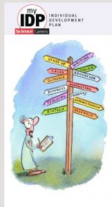Screenshot of a cartoon on the website homepage: man in lab coat, holding clipboard with checklist, looks up with surprised expression at a "which way to go" road marker with thirteen different career option signs pointing in different directions. Options range from research and biotech to sales writing and startup.