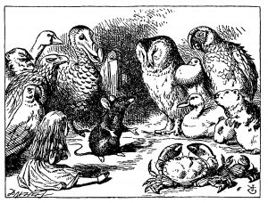 Black and white drawing of many animals (parrot, eagle, monkey, goose, dodo, pelican, owl, dove, duck, ground squirrel, crab) and young girl (Alice in Wonderland) listening to a mouse tell a story