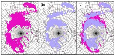 This figure shows (a) the extent of permafrost in 2000, (b) the estimate extent of permafrost in 2100 and (c) b overlaid on a.