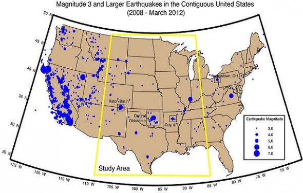 magnitude 3+ earthquakes in the contiguous US