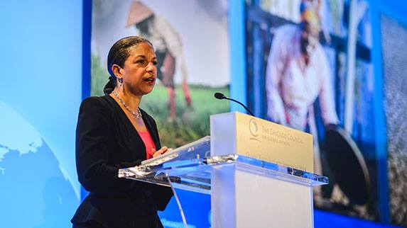 U.S. National Security Advisor Susan Rice is pictured speaking at the Global Food Security Symposium in Washington on May 22. She said, “Climate change affects every aspect of food security, from production to pricing.  Climate change is not some distant threat.  We’re already dealing with its impacts.” (Credit: The Chicago Council)