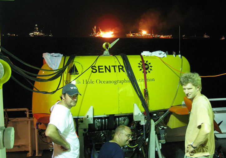 Sentry being prepared for a mission to map the underwater oil plume near the Deepwater Horizon well head. (Courtesy of Rich Camilli, Woods Hole Oceanographic Institution )