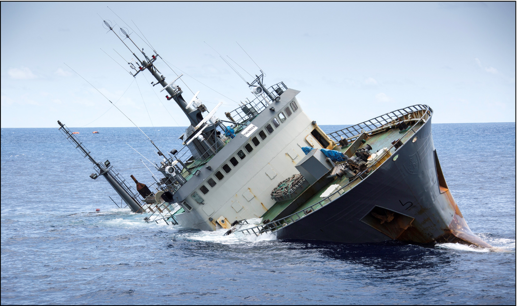 The notorious illegal fishing vessel Thunder sank off the coast of Sao Tome in April 2015. The loss of this vessel, one of the “Bandit Six” known for poaching Patagonian toothfish (Dissostichus eleginoides) in the Southern Ocean, was insured by a legitimate financial institution. © Simon Ager/Sea Shepherd Global.