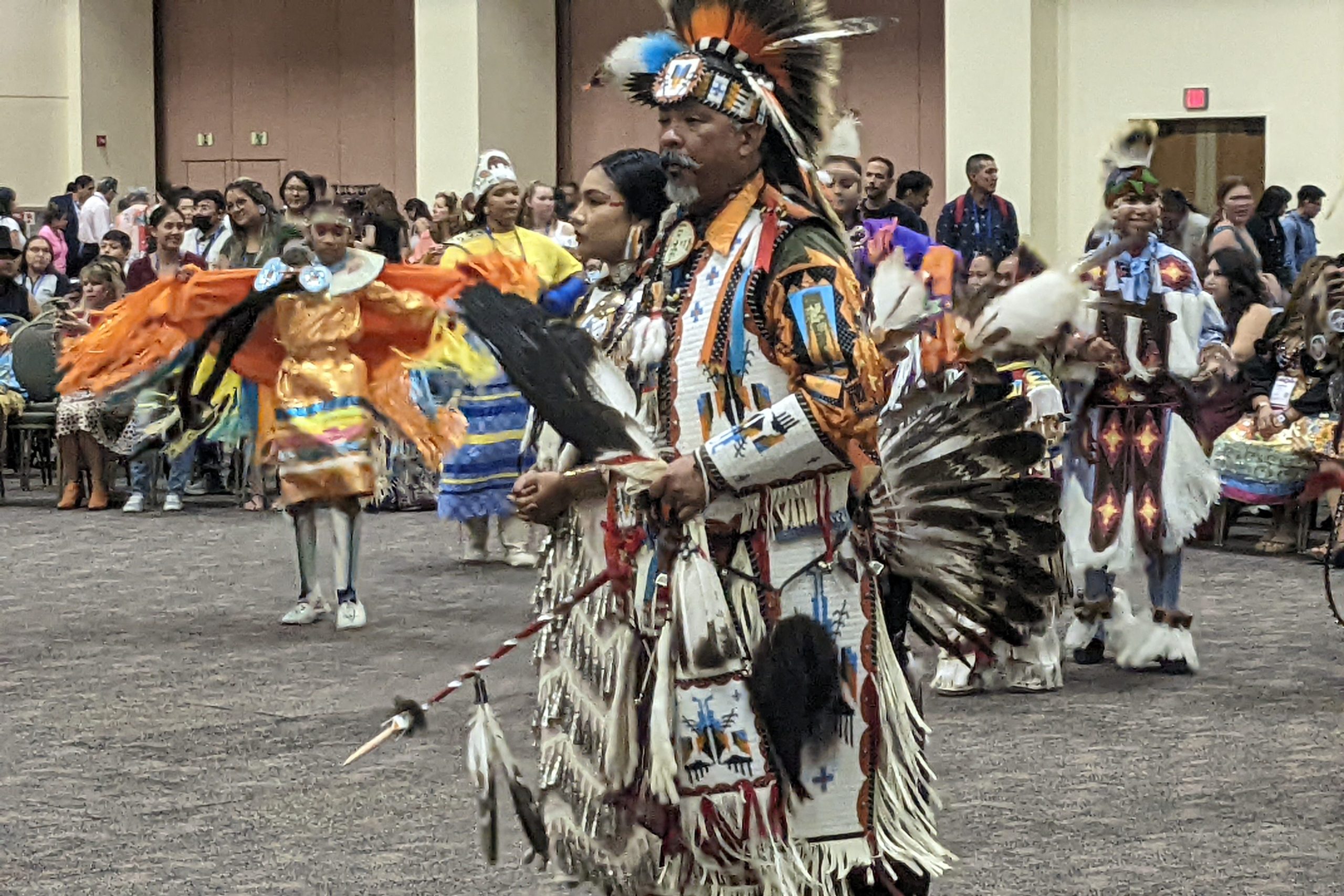 Dancers in traditional United States Native American dress.