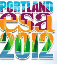 Square logo for the 2012 Annual Meeting logo has an evergreen mountainscape over the text, Portland ESA 2012.