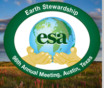 Oval logo for the 96th annual meeting has the globe in a humans hands with the ESA logo overlaying. Earth Stewardship is the theme.