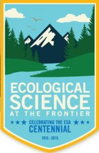 Logo for the 100th ESA Annual Meeting. A mountain in the background has a river flowing from it flanked by green grass and trees. Vector graphic.