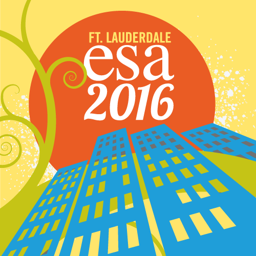 Square logo for the ESA 2016 annual meeting. A transparent image with a building over a circular sun on a yellow background and a ESA 2016 stamp.