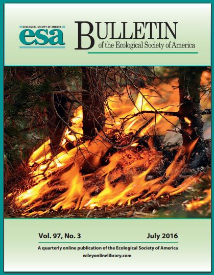 Cover image of the July 2016 issue of the Bulletin. The cover has a closeup of a forest fire.