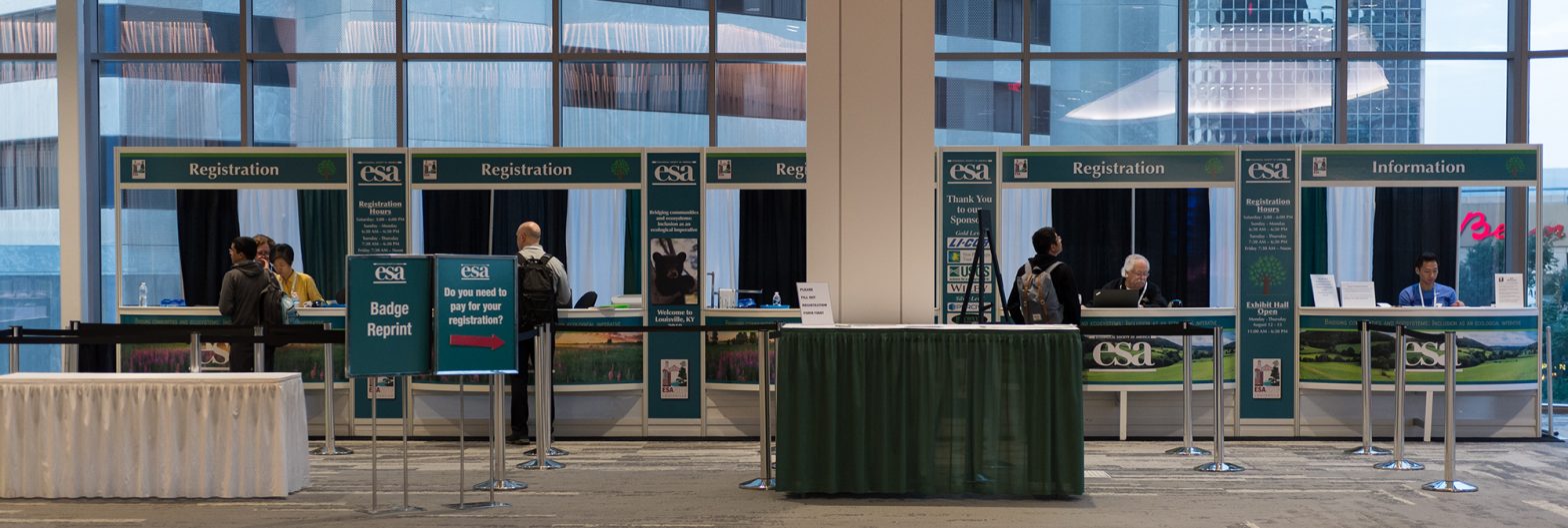 An array of registration booths at the 2019 Annual Meeting