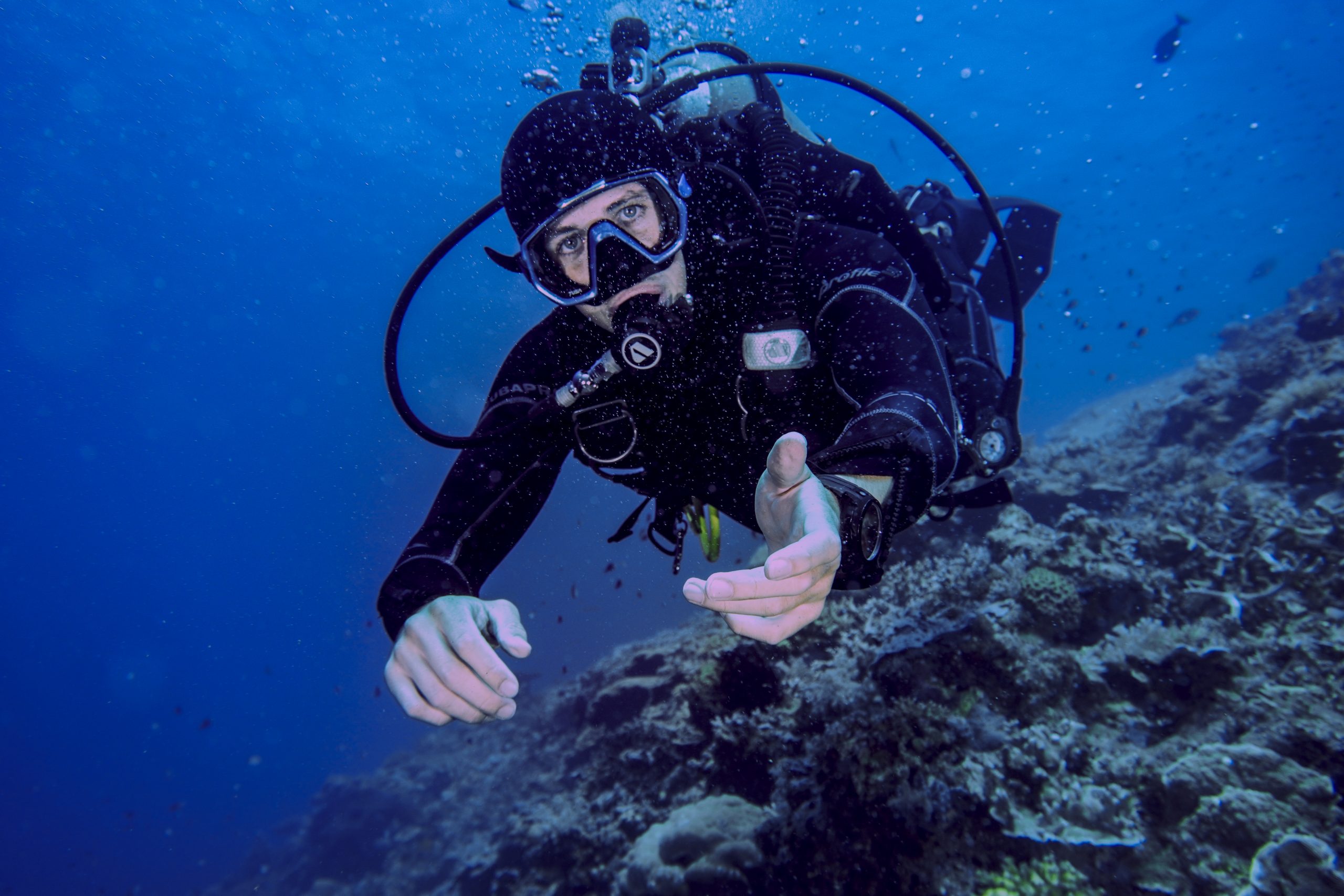 A scuba diving fellow reaches her hand out in an inviting manner.