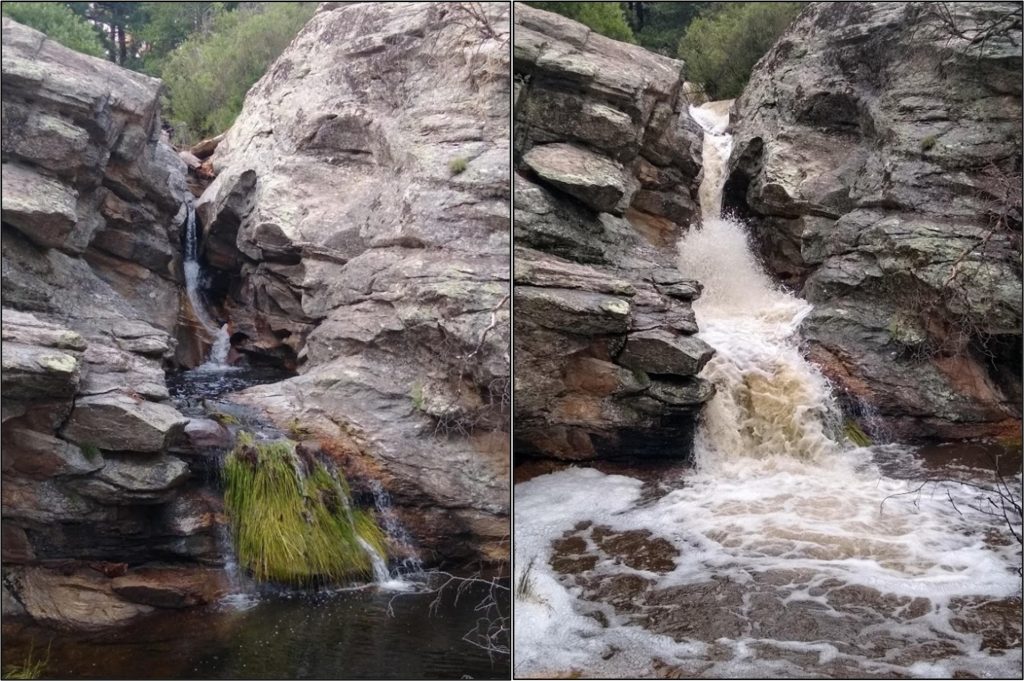 a side-by-side photo of a waterfall before and after a rainstorm