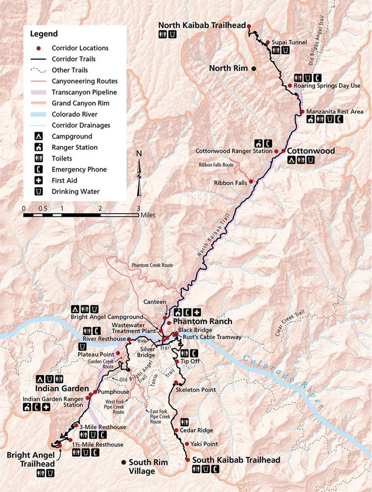 Map laying out hiking trails of the Grand Canyon "rim-to-rim" hike