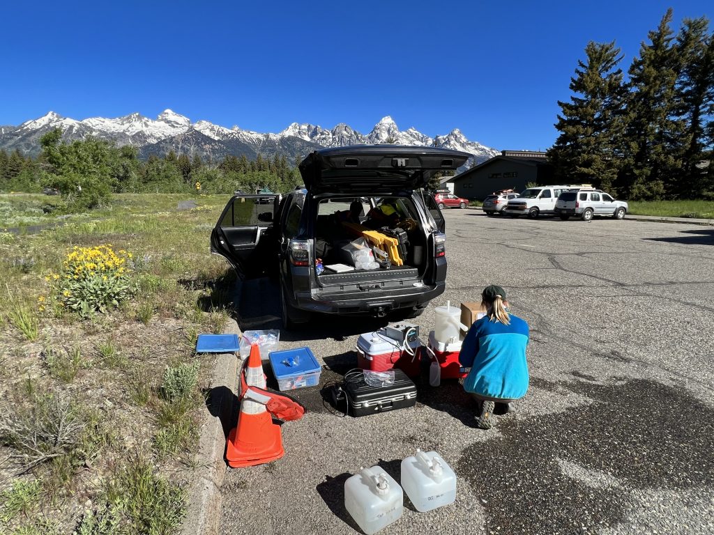 Ally kneeling down behind a car with an open tailgate. Behind the car there are traffic cones, two jugs of water with spouts, coolers, a black case, and a large plastic bin. The grand teton mountain range is in the background under a blue sky.