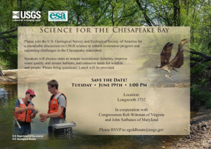 A forest backgroud shows two men in life jackets working on Science for the Chesapeake Bay.