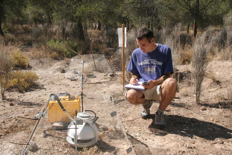 An ecologist takes measurements from a field station.