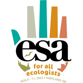Official logo of the 2023 Annual Meeting contains an outstretched hand with the text, E S A for all ecologists.