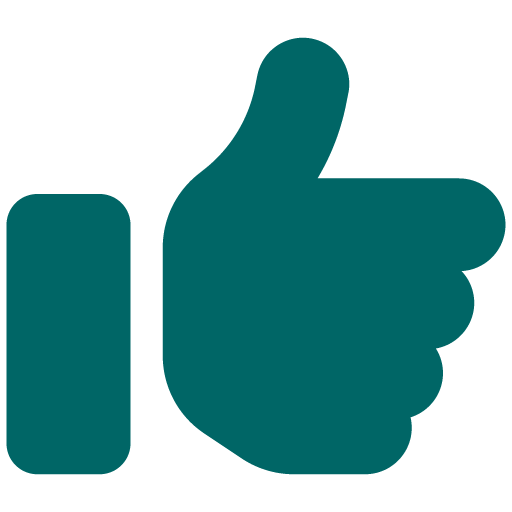 A hand with a thumbs up icon represents success.